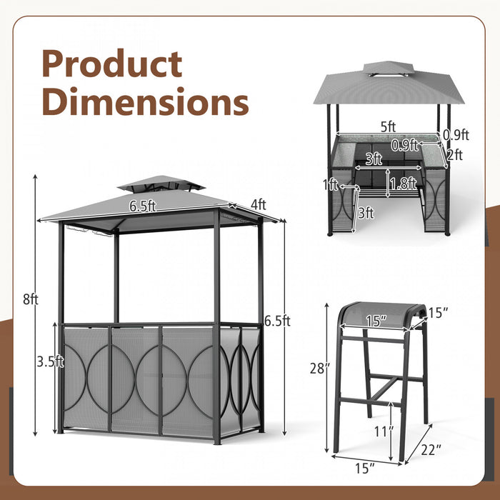Costway 6.5 X 4 X 8 Ft Grill Gazebo Ensemble Avec 2 Tabourets De Bar, Table De Bar En Verre Trempe Gris