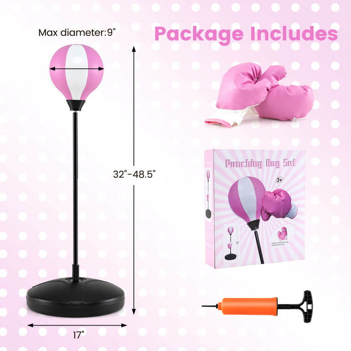 Costway Enfants Sac De Poinconnage Jeu De Jouet Reglable Stand Gants De Boxe Vitesse Boule Avec Pompe Rose
