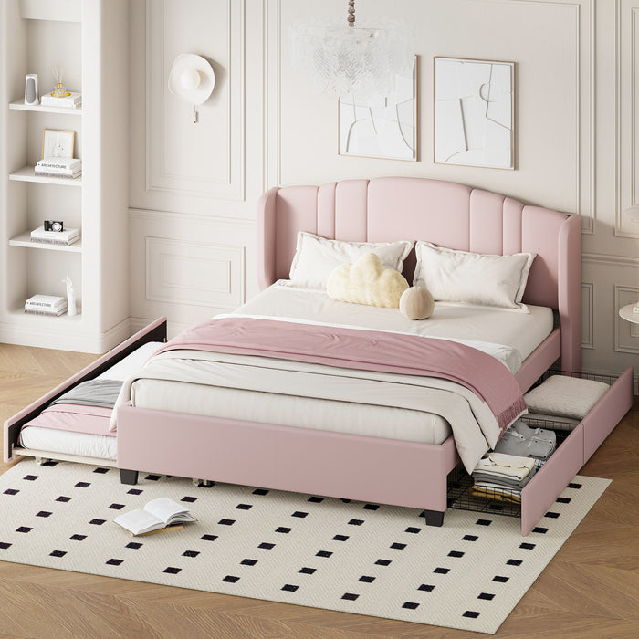 Lit plateforme Jean rembourre avec tete de lit a oreilles et tiroirs de rangement, taille queen, rose