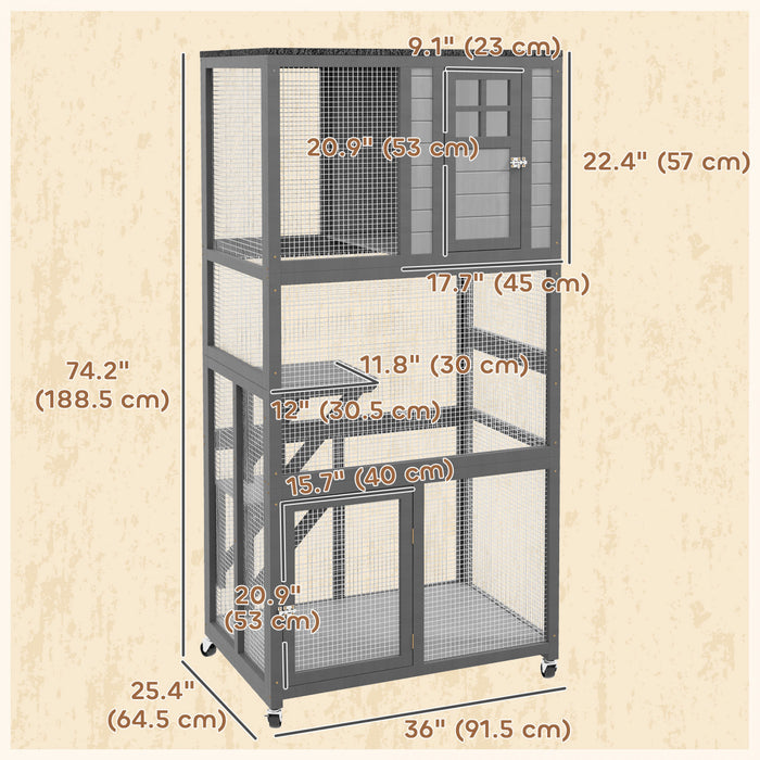 Pawhut Maison D'exterieure En Bois Pour Chat De 74\", Resistante Aux Intemperies Et A Roulettes, Enclos D'exterieur Pour Chat, Cage Pour Chaton, Gris Clair