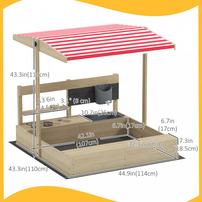 Outsunny Bac a sable pour enfants avec couvercle, bac a sable en bois avec couvercle reglable, siege, jeu de sable en plein air pour les 3 a 7 ans, 45 x 43 x 43 po, bois naturel