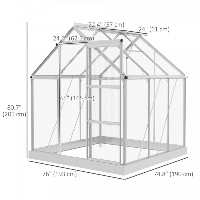 Outsunny Serre En Polycarbonate De 6' X 4', Serre De Plain-pied Avec Porte Coulissante, Fenetre Reglable, Cadre Et Fondation En Aluminium, Maison De Culture De Jardin Avec Gouttiere, Argente