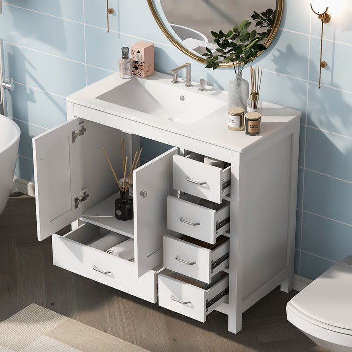 Meuble de salle de bain moderne Derek 36 pouces avec lavabo ceramique et rangement multiple, blanc