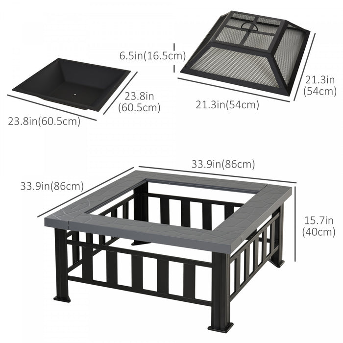 Outsunny Brasero Cheminee Foyer Exterieur Dim 86l X 86l X 54h Cm Grille A Charbon Couvercle Tisonnier Metal Noir