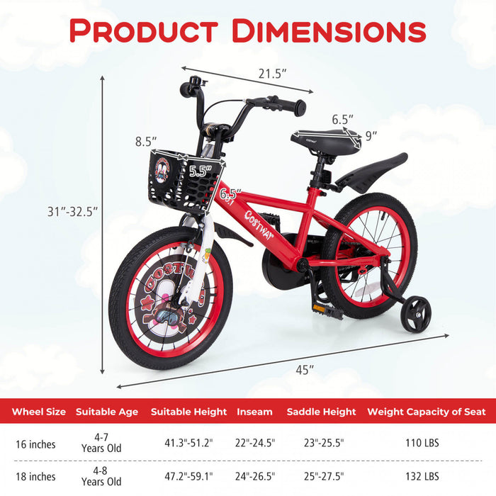 Velo Costway 16\" Pour Enfants Pour 4-7 Avec Frein A Main A Guidon Et A Selle Reglable En Hauteur Rouge