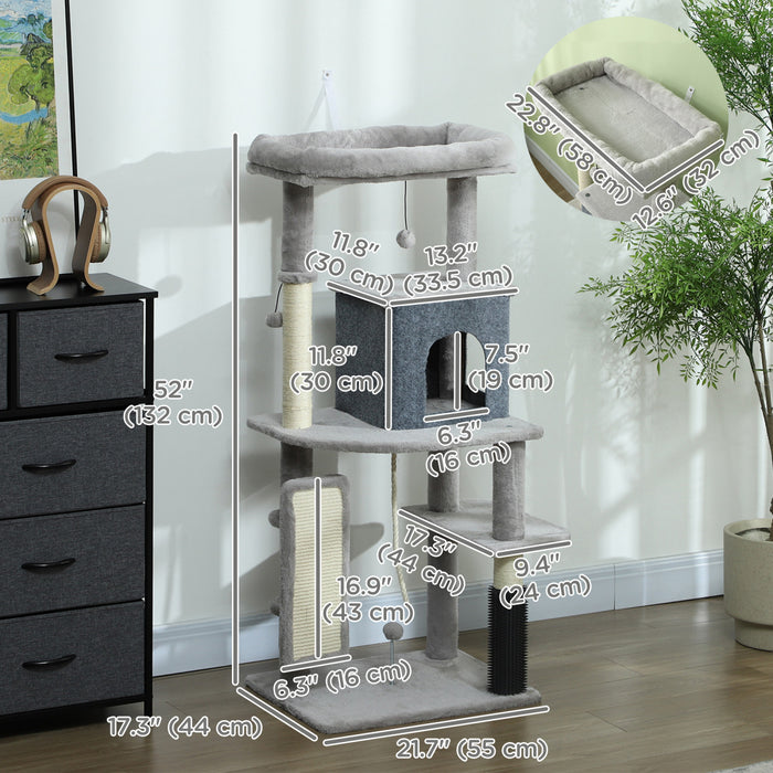 Pawhut Arbre A Chat Pour Grands Chats, Tour A Chat 52\" Avec Griffoirs, Lit Pour Chat, Brosse De Toilettage, Plates-formes De Saut, Balles Jouets, Kit Anti-basculement, Gris Clair
