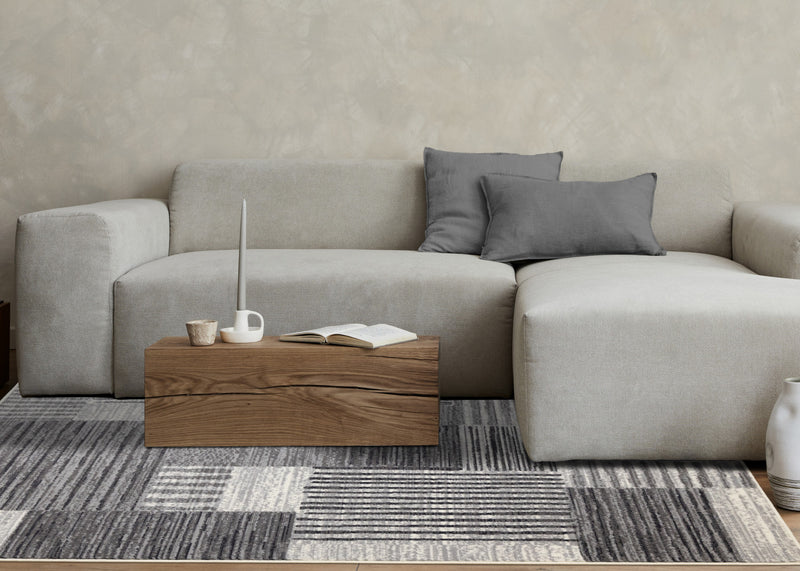 Carpette Forte blanche, grise et noire à motif de taches rayées modernes - 7 pi 9 po x 10 pi 6 po