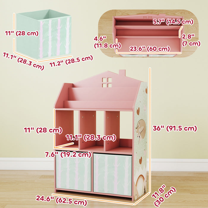Qaba Meuble de Rangement avec Presentoir a Livres, Etageres, Tiroirs en Tissu, Rose