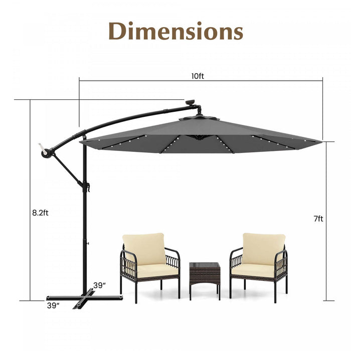 Parasol deporte solaire LED Costway 10 pieds avec 40 lumieres, manivelle et base croisee gris