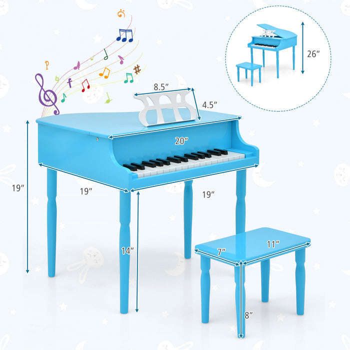 Costway Piano a Queue Classique Bebe 30 Touches, Jouet en Bois pour Bout de Chou avec Banc et Porte-Partition - Bleu