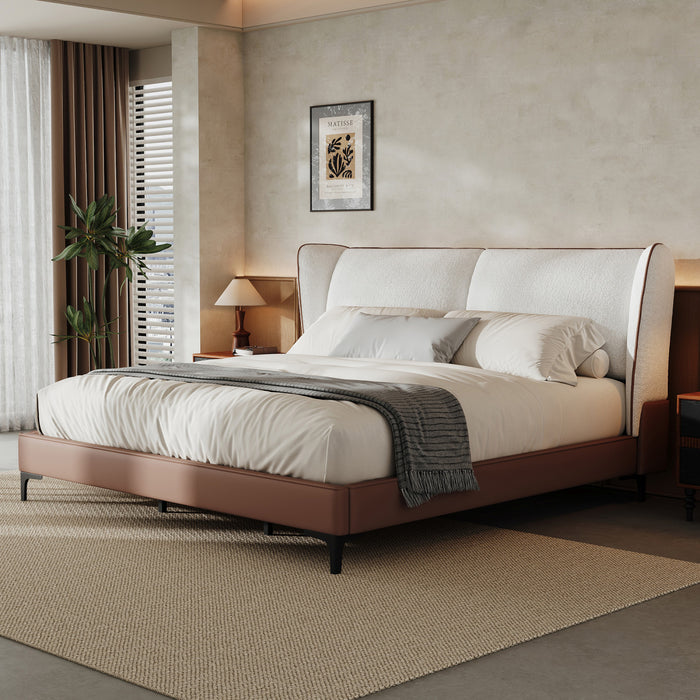 Le lit plateforme Ava en polaire Teddy avec tete de lit a oreilles et revetement en simili cuir, taille King, couleur blanche