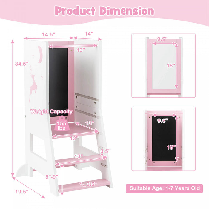 Costway Tout-petit Enfant Tabouret De Cuisine Aidant Bebe Tour Debout Avec Tableau Et Tableau Blanc Rose