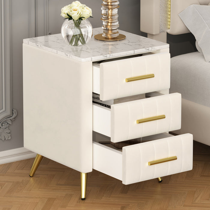 Table de chevet Dylan en bois rembourre avec 3 tiroirs et pieds en metal, beige