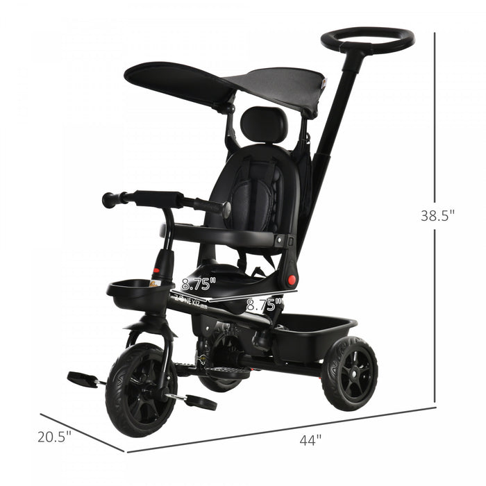 Qaba Tricycle Enfants Evolutif 4 En 1 Canne Telescopique Amovible Et Pare-soleil Pliable Demontable Angle Du Dossier Reglable Siege Pivotant Sac Et Paniers Integres Metal 44\" X 20.5\" X 38.5\" Noir