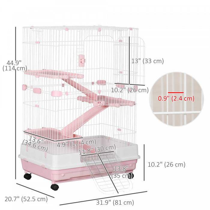 Pawhut 43 \"h Cage Pour Petits Animaux, Cage A Lapin A 4 Niveaux Avec Support Roulant, Cage Pour Chinchilla Avec Portes, Plateau Coulissant, Rose