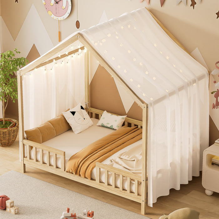 Paul Lit Montessori au sol avec baldaquin et barrieres hautes, Taille Double, Bois Naturel
