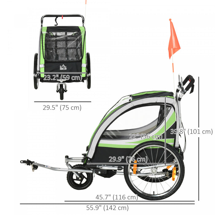 Aosom Remorque Velo Enfant 2 En 1, Poussette Bebe Avec Frein, Sac De Rangement, Drapeau De Securite, Reflecteurs Et Harnais 5 Points, Vert