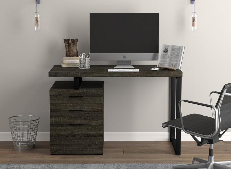 Bureau d’ordinateur de 47 po avec 3 tiroirs - bois gris foncé avec base en métal argenté