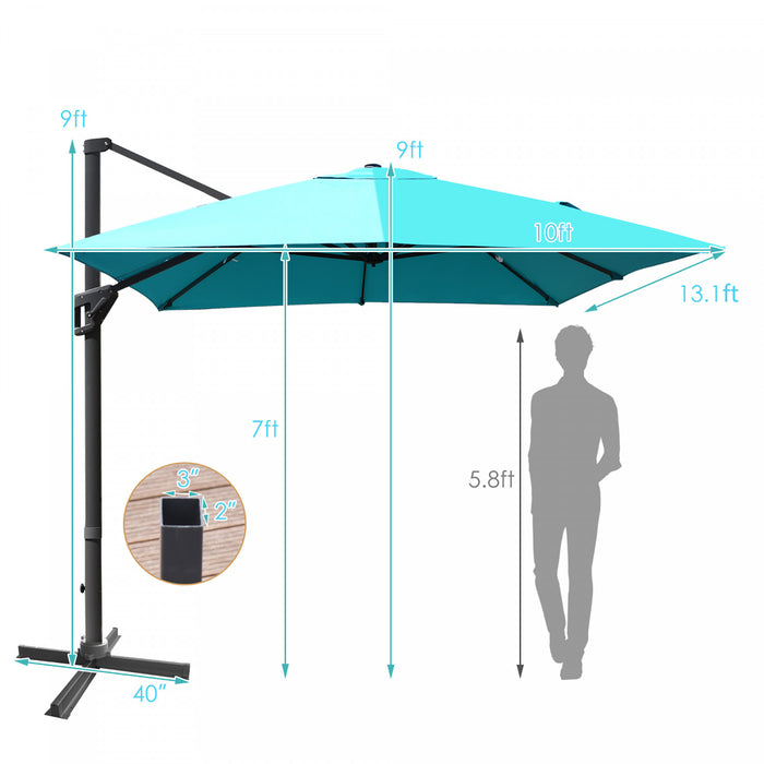 Costway Parasol cantilever 10'x13' pour terrasse, aluminium, rotation 360°, inclinable, turquoise