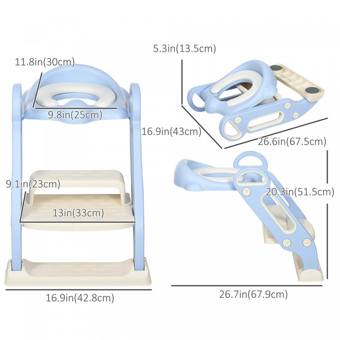 Qaba Siege De Toilette D'apprentissage De La Proprete Avec Escabeau Echelle, Siege D'entrainement De Toilette Pour Enfants Avec Coussin Moelleux, Poignees, Marches Larges Antiderapantes, Bleu