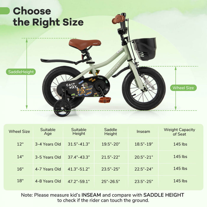 Costway 12\" Velo Pour Enfants Avec Roues D'entrainement Guidon Reglable Et Frein A Main Du Siege Vert