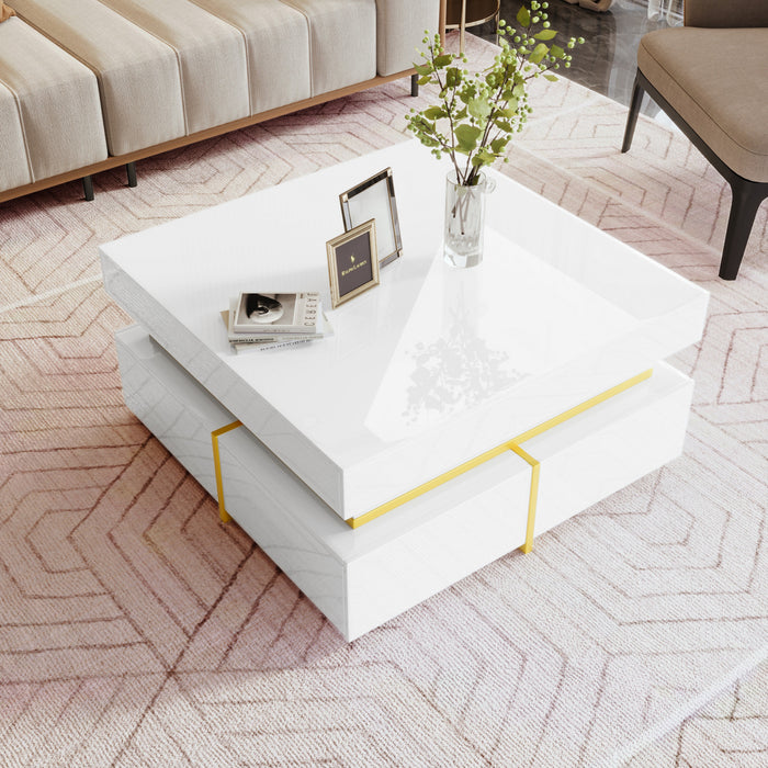 Ava Table Basse a Fini Haute Brillance avec Tiroirs de Rangement et Accents Dores, Blanc