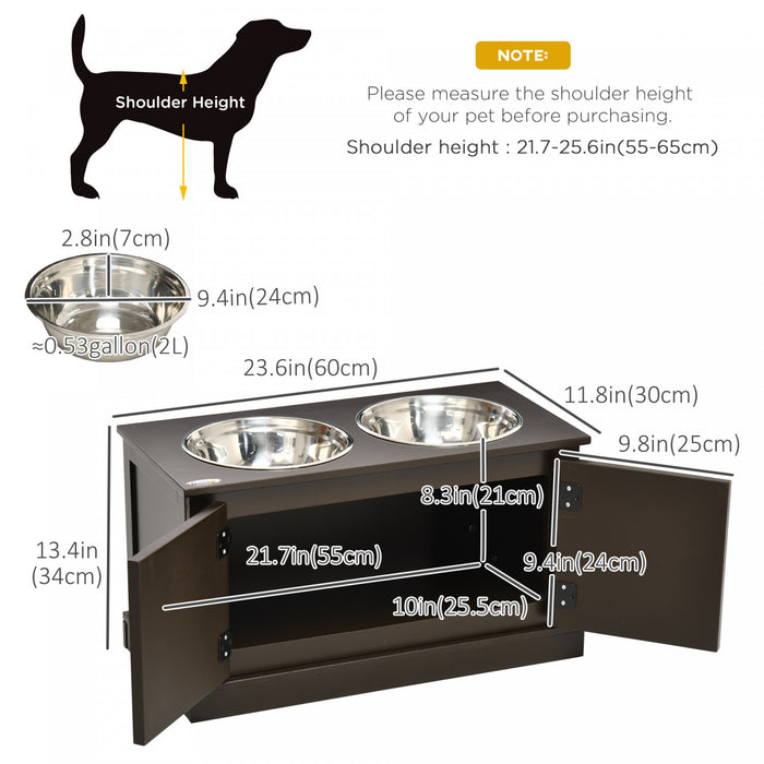 Pawhut Gamelles Surelevees Pour Chiens Avec Meuble De Rangement, Support Pour Gamelles Surelevees Avec 2 Bols En Acier Inoxydable Pour L'eau Et La Nourriture, Pour Les Grands Chiens, Marron.