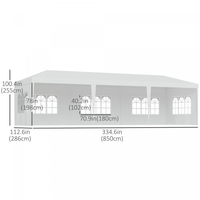 Tente De Fete Portable Outsunny 10 X 28 Pieds, Tonnelle De Fete De Mariage Pour Repas De Jardin Et Exterieur Avec 5 Parois Laterales Amovibles, Blanc