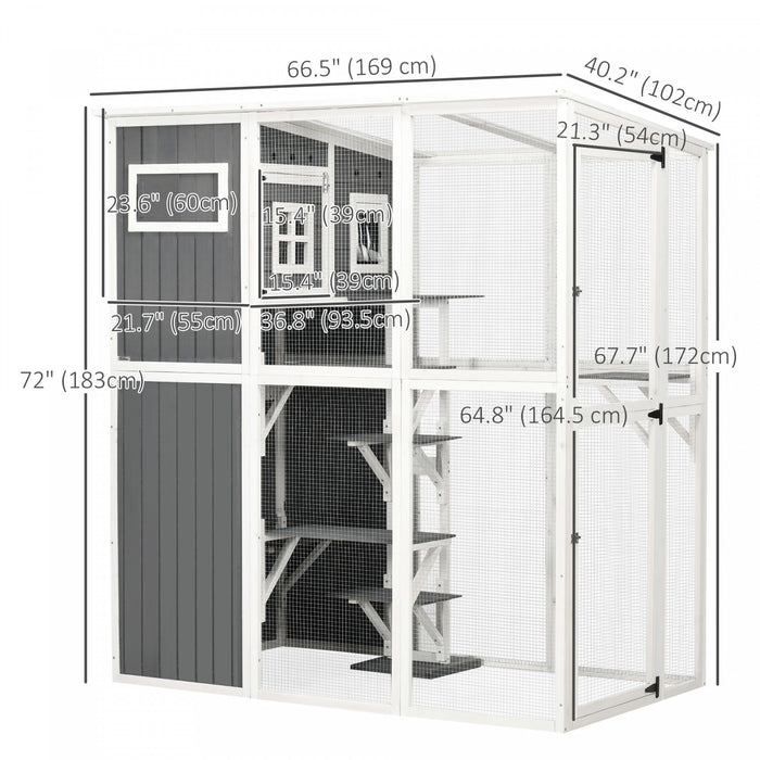 Pawhut Catio En Bois Pour Chat, 66,5\"l Cage Avec Toit De Protection Contre Les Intemperies En Pvc, Plusieurs Plates-formes, Portes Verrouillables, Condo De Repos, Fenetre D'observation, Pour 2 Chats