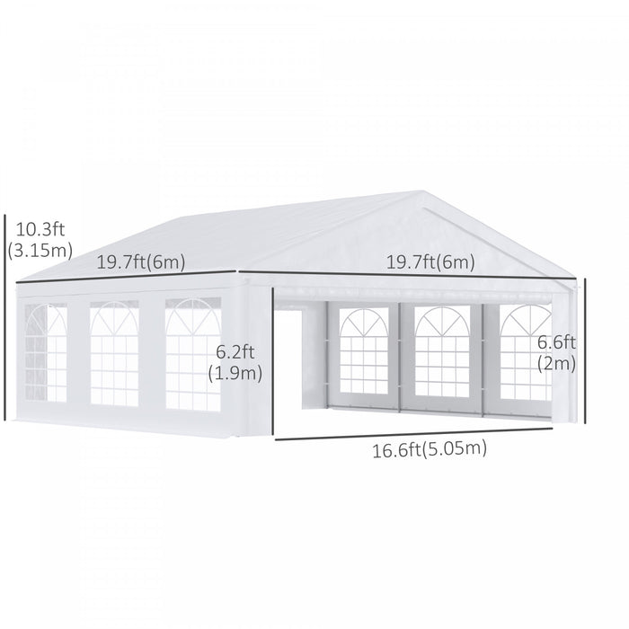 Outsunny 20'x20' Grand Abri De Voiture Exterieur Robuste Garage Party Event Tente Patio Gazebo Auvent Avec Paroi Laterale Amovible, Blanc