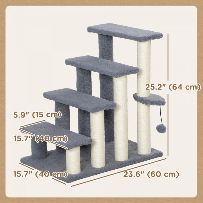 Pawhut Arbre A Chat, Tour D'escalier A 4 Marches Avec Griffoir Pour Chat, Plate-forme De Saut, Balle Jouet, Meubles Pour Chats D'interieur, Gris