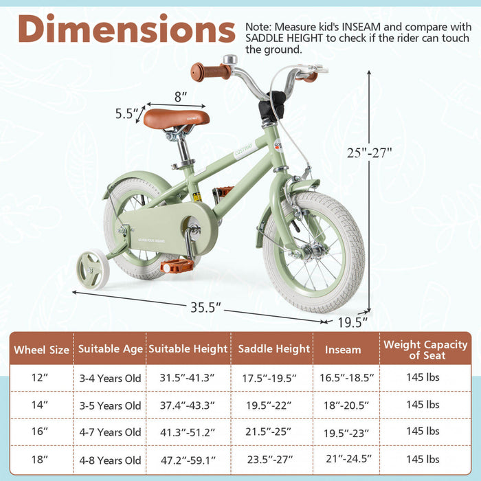 Costway 12\" Velo Pour Enfants Avec Guidon De Selle Reglable Roues D'entrainement Amovibles Frein A Main Vert