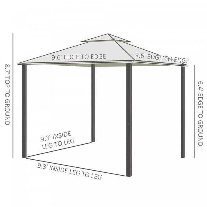 Outsunny 9.7' X 9.7' Abri De Jardin Pavillon Exterieur Double Toit Evenement De Jardin\nCour De Tente De Fete Pare-soleil En Acier Cadre Avec Moustiquaire Blanc Creme