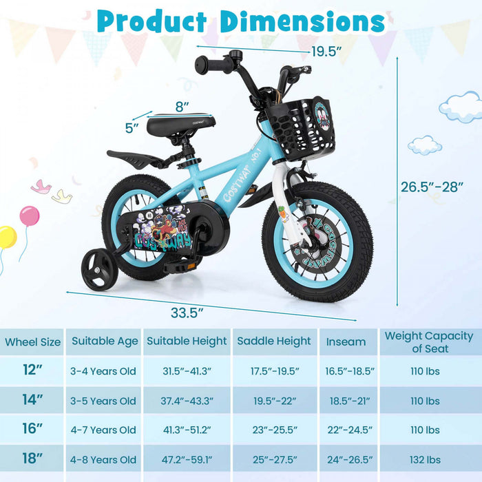 Costway 12\" Velo Pour Enfants Pour 3-4 Avec Guidon Reglable En Hauteur Et Frein A Main En Selle Bleu