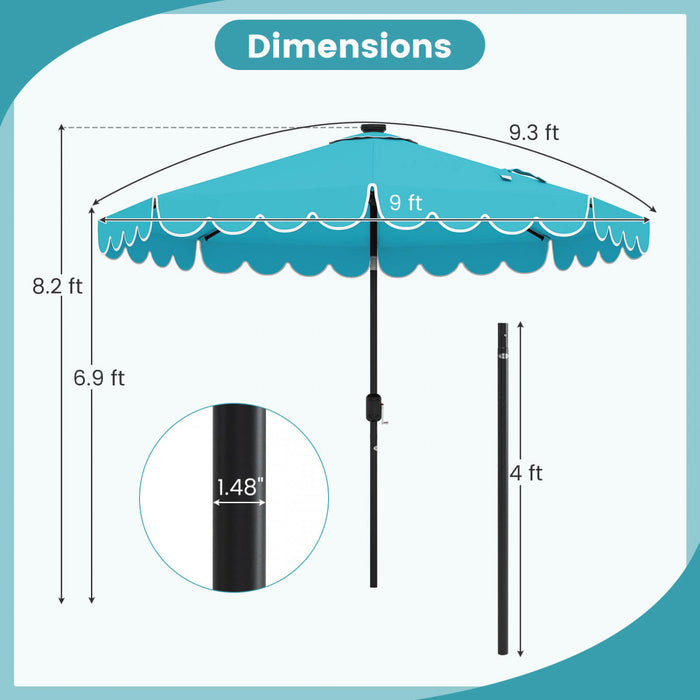 Parasol solaire Costway 9,3 FT style marche exterieur avec 24 LED, bordures, turquoise