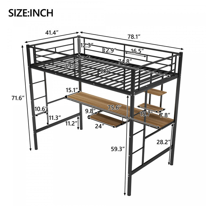 Andy – Lit Mezzanine Simple En Metal Avec Bureau Et Eclairage Led, Design Gain De Place – Noir