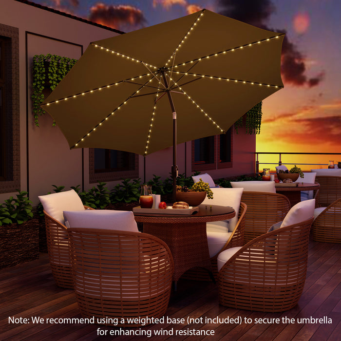 Costway Parasol de marche de patio 10 FT avec 112 LED solaire, inclinaison avec manivelle, exterieur couleur cafe