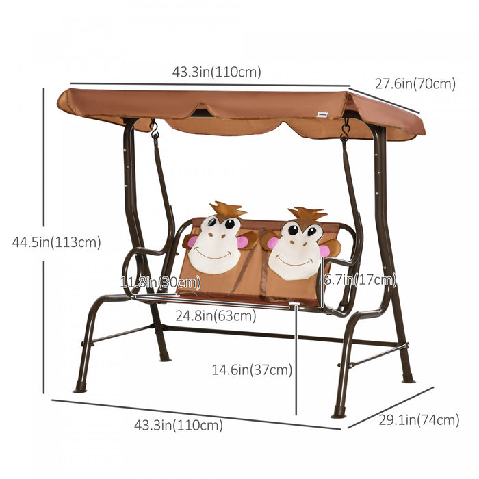 Outsunny Balancoire 2 Places Pour Enfants, Chaise Longue De Terrasse Pour Enfants, Pour Porche De Jardin, Avec Auvent Reglable, Ceinture De Securite, Motif Singe, Pour 3-6 Ans, Cafe