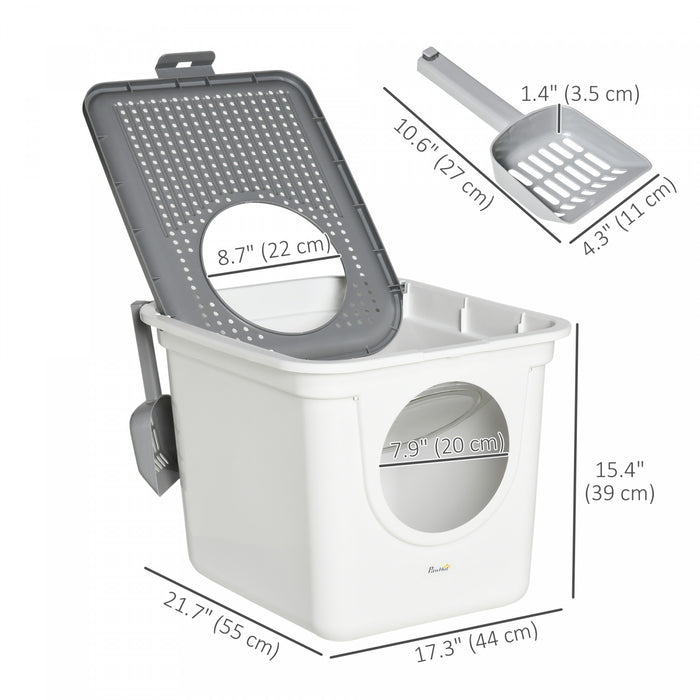 Bac A Litiere Pawhut, Bac A Litiere Ferme Avec Entree Avant, Sortie Superieure, Pelle, Toilettes Faciles A Nettoyer, Blanc
