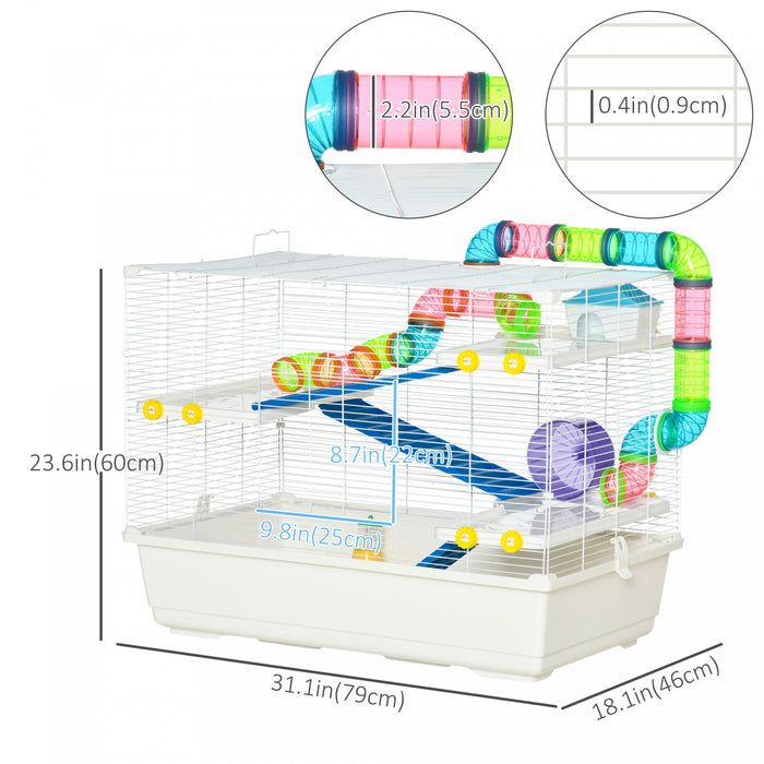 Pawhut Grande Cage Pour Hamster De 31 Cm, Maison Pour Petits Animaux, Refuge Pour Gerbilles A Plusieurs Etages, Systeme De Tube De Tunnel, Avec Bouteille D'eau, Tubes, Roue D'exercice