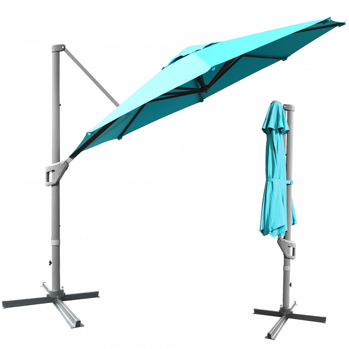 Costway Parasol deporte 11ft pour terrasse a rotation cantilever, aluminium, inclinable, base croisee, turquoise