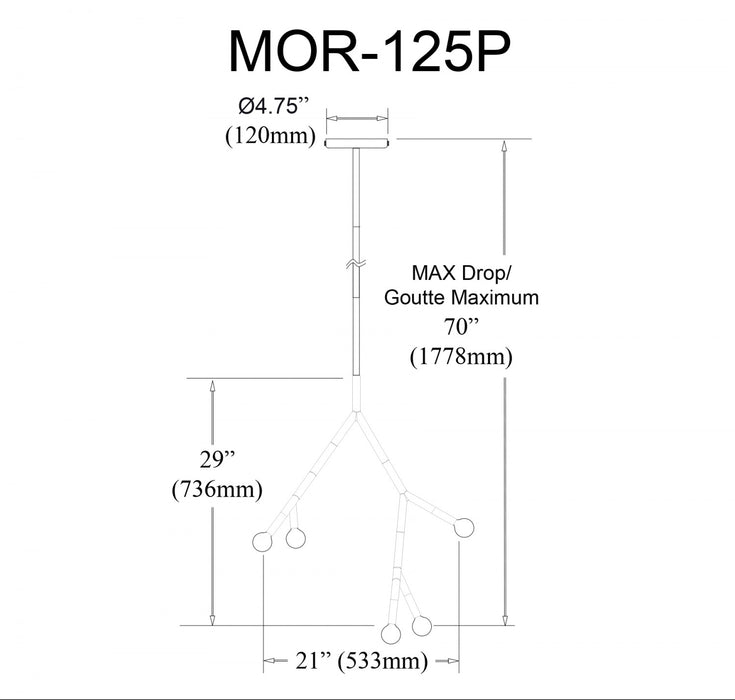 Luminaire suspendu Morgan de Dainolite avec fini noir mat et laiton vieilli et 5 ampoules