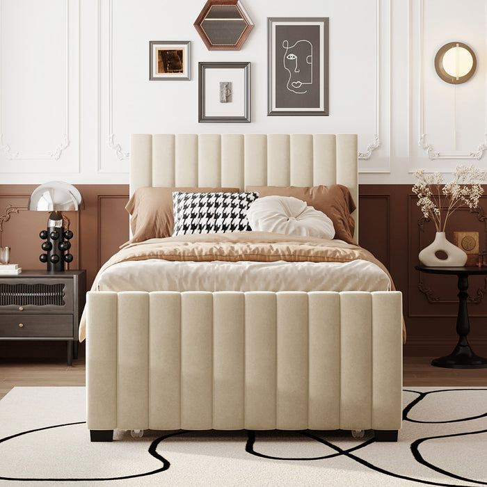 Lit plateforme Ethan rembourre en velours, gain de place, avec tiroir gigogne, taille simple, beige