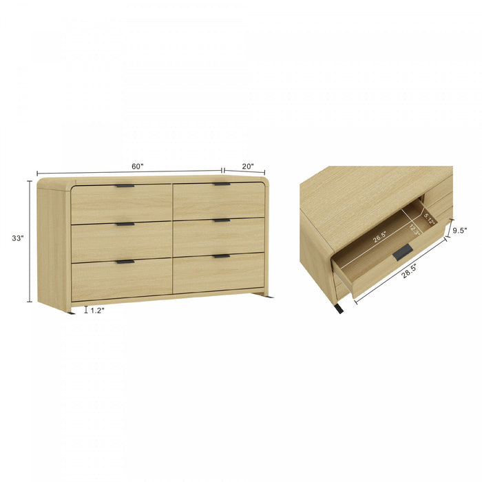 Commode moderne Grace 60\" en chene naturel (6 tiroirs)