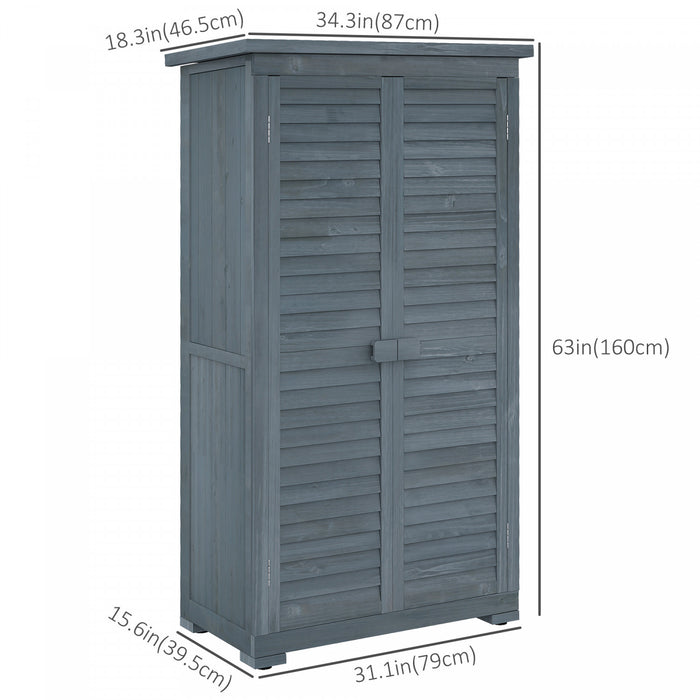 Outsunny Abri De Jardin En Bois, Abri De Rangement Exterieur Compact, Organisateur D'outils A 3 Niveaux Avec Toit En Asphalte Et Portes A Volets, 34,3\" X 18,3\" X 63\", Gris