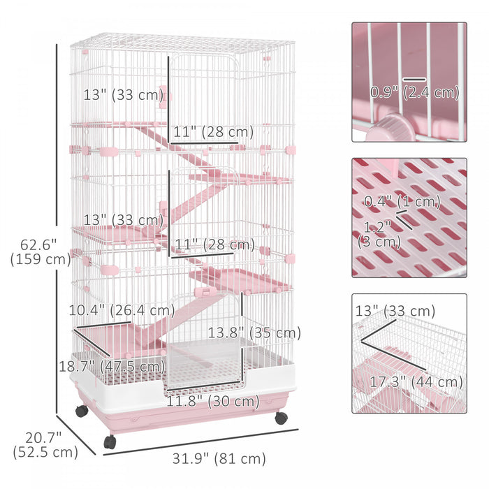 Pawhut Cage Pour Petits Animaux 60\" Avec Roulettes, Cage A Lapin Portable A 6 Niveaux, Cage A Furet Chinchilla Avec Plateau Amovible, Plates-formes Et Rampes, Rose