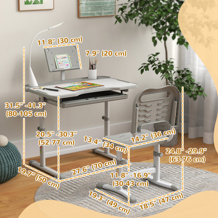 Qaba Ensemble Bureau Et Chaise Pour Enfant Bureau D'ecriture Reglable, Gris