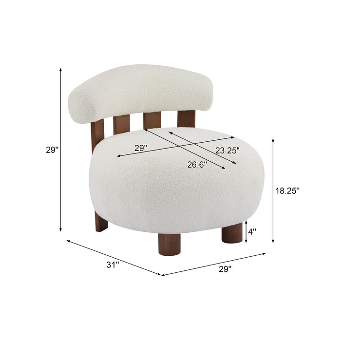Nube Fauteuil d'Appoint Moderne en Bouclette a Dossier Courbe et Quatre Pieds, Blanc Casse, Noyer
