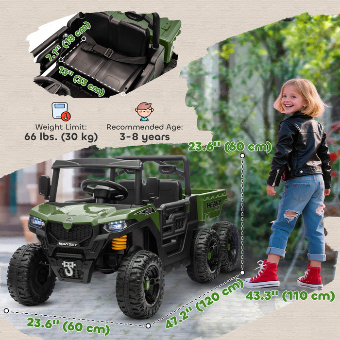 Qaba Electric Ride On Car with 6 Wheels, 24V 4WD Battery Powered Ride On Truck with Dump Bed, Remote Control, Wheel Suspension, Lights and Music for Kids 3-8 Years, Green