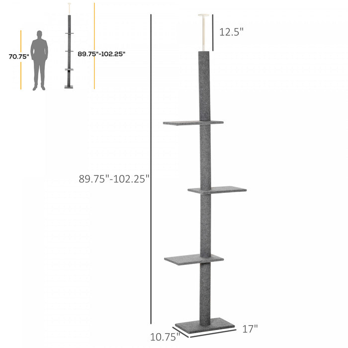Pawhut 100\" Arbre A Chat Du Sol Au Plafond Avec 3 Perchoirs Centre D'activites Pour Chatons Cat Tower Furniture Gris